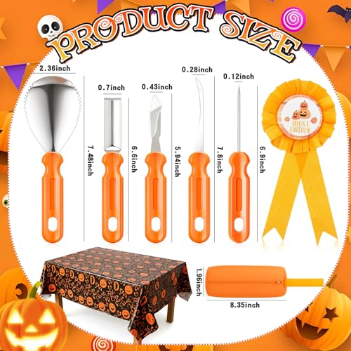 Halloween Pumpkin Carving Kit with 6 Tools, 6 Aprons, 6 Ribbons, 2 Tablecloths - Orange / 20