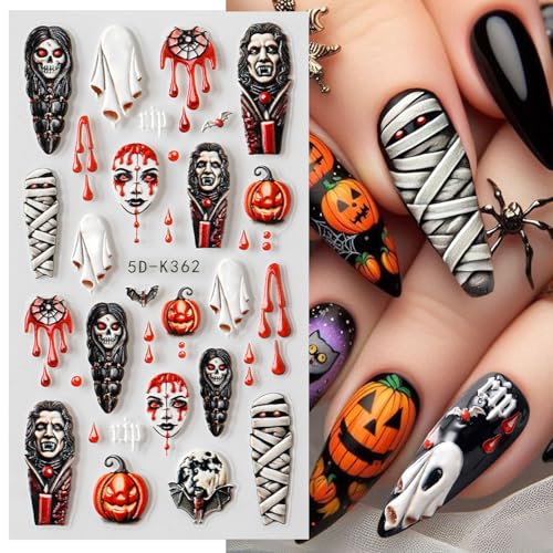 Halloween Nail Art Stickers 5D Embossed Horror Design - Colorful, 2 Sheets