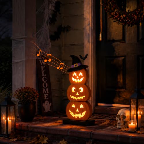 Orange LED Pumpkin Decor with Spooky Sound & Lights - Halloween Porch Sign
