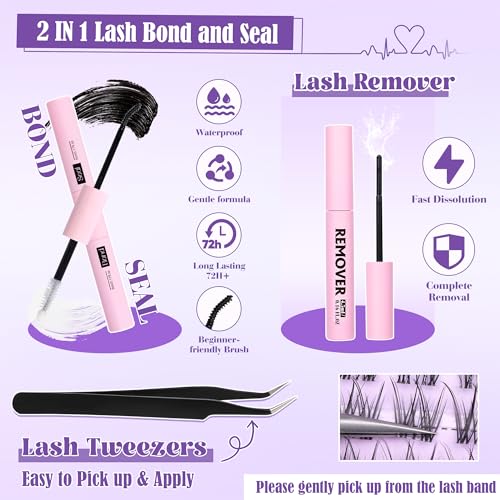 All in One Natural Lash Extensions Kit D45 - Wispy 10-14mm Clusters, Invisible Band, DIY Eyelash Kit