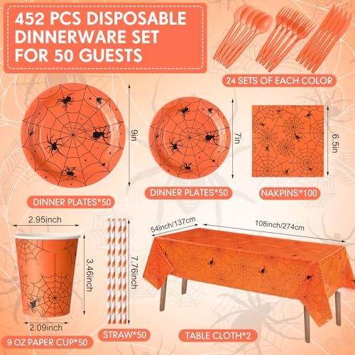 Halloween Spider Web Party Supplies Set with Orange & Black Theme - 452 pcs for 50 Guests