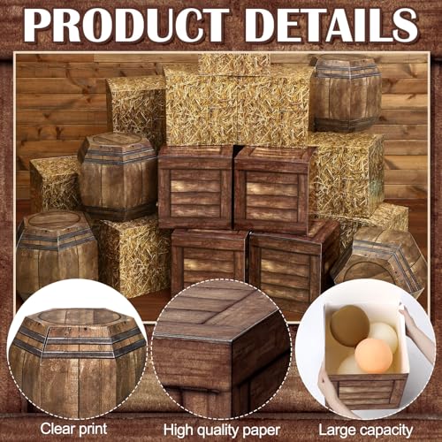 16 Pcs Western Hay Bale & Wine Barrel Party Decoration Boxes - Rustic Theme