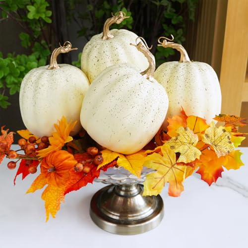 Artificial Cream Fall Pumpkin Set of 4 - Rustic Harvest Decor for Autumn Halloween Thanksgiving