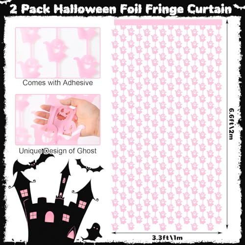 WovWeave 2 Pack Halloween Foil Fringe Curtains - Pink Ghost, 3.3x6.6 ft