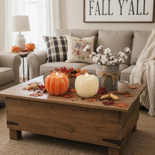 Large Flameless Pumpkin Candle - Fall Decor with Remote Control - Orange & White - ARIKJ