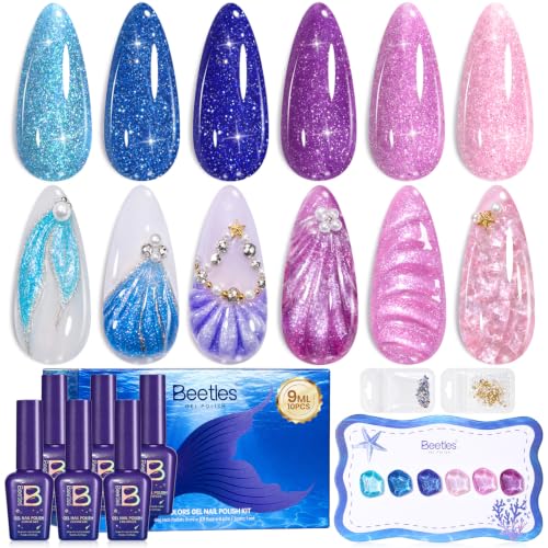 Glitter Gel Nail Polish Set - Mermaid Ocean Blue & Shimmer Shades for DIY Manicure
