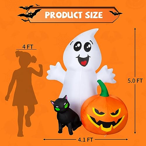 5FT Inflatable Ghost with Black Cat and Pumpkin Halloween Yard Decoration with LEDs