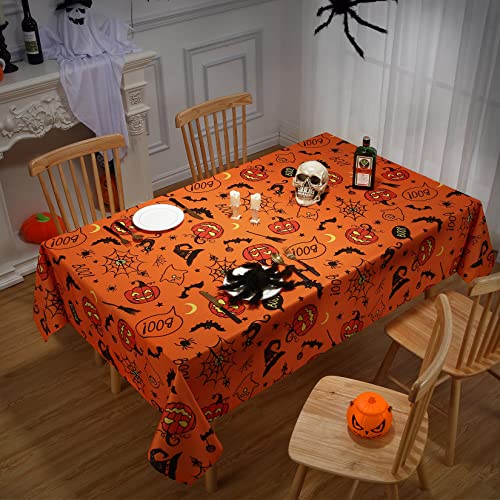Halloween Tablecloth Round 60 Inch - Spider Web Pumpkin Bat Ghost Waterproof Decor - Orange / 102 Inch