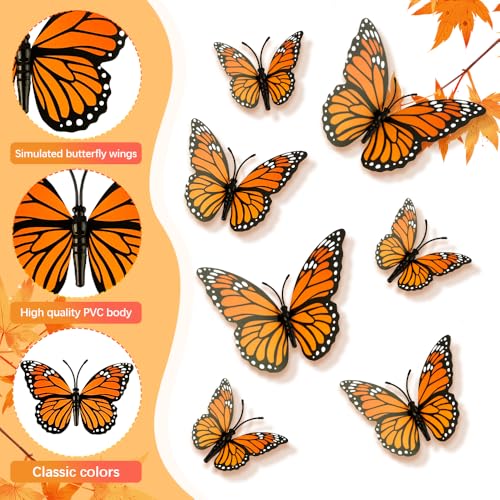 Orange Monarch Butterfly Wall Decor Set - 3D Halloween Butterfly Decorations, 12 Pieces