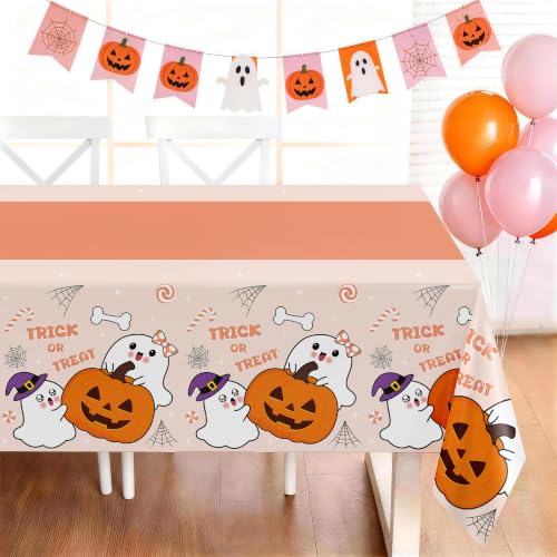 Childom Halloween Tablecloth 3 Pack Orange Ghost & Pumpkin Design - Rectangle Disposable Table Cover for Party