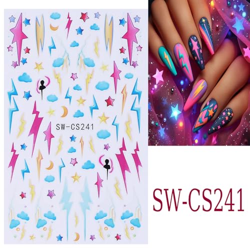 Lightning Nail Art Stickers - 3D Self-Adhesive Colorful Lines & Stars, Lightning Lines Variation