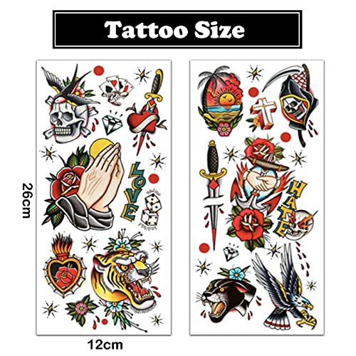 Temporary Tattoo Sheets 120×260mm Vintage Skull Rose Designs for Body Art