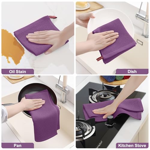 Purple Cotton Kitchen Towels & Dishcloths Set - 8 Pack, Soft & Absorbent