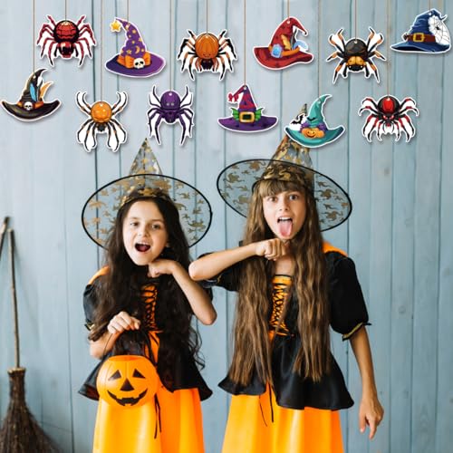 Halloween Hanging Ornaments Set - Witch Hat & Spider Decorations, Double-Sided Indoor Outdoor Decor