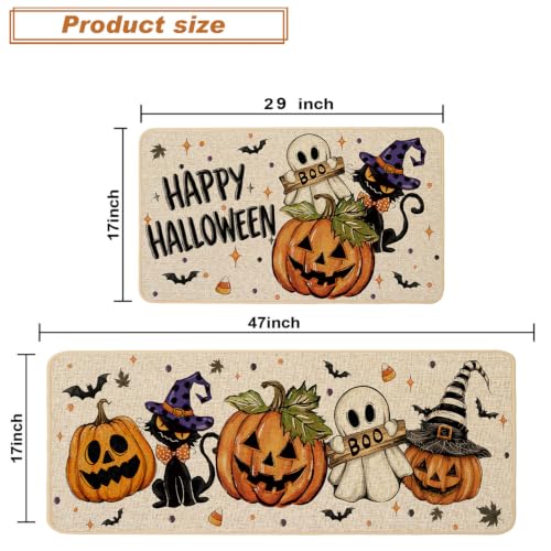 Halloween Ghost Kitchen Rugs Set of 2 - 17x29 & 17x47 Inches, Black Cat Variation