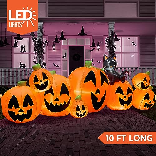 Bright Halloween Orange 10FT Inflatable Pumpkin with Witch's Cat - Outdoor Decorations