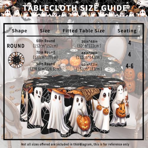 Halloween Ghost Black Round Tablecloth 90 Inch - Spooky Spider Web Fabric, Washable & Stain-Resistant
