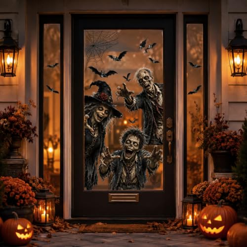 Halloween Window Clings PVC Witch Zombie Bat Decals Not Luminous - 12 pcs