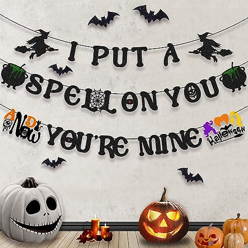 Halloween Banner Decor - I Put A Spell On You & Now You Are Mine Garland, Witch & Bat Halloween Decorations