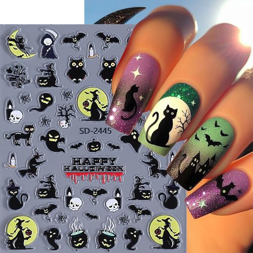 Halloween Nail Stickers - 5D Embossed Owl Witch Ghost Skull Spider Web Design - Style2 - 6 Sheets