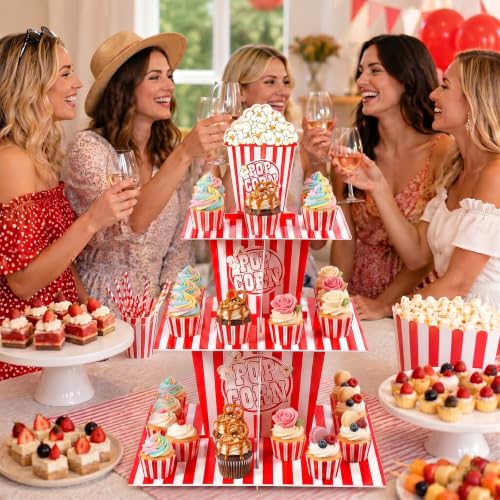 3-Tier Popcorn Cupcake Stand for Movie Night & Party Decorations - Red & White