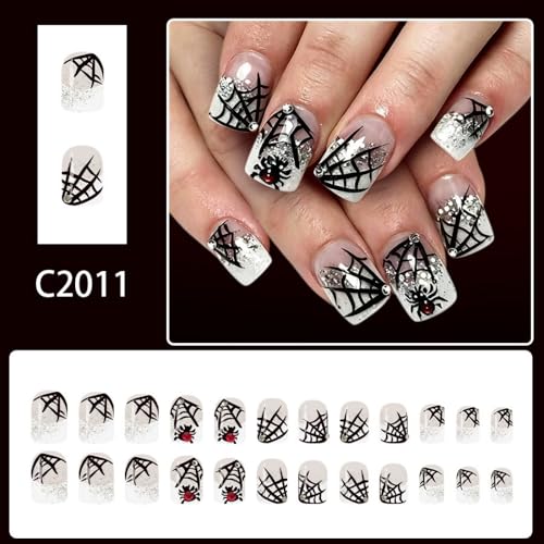Halloween Short Square Press On Nails with Spider Web Design & Rhinestones - Variation: Color25