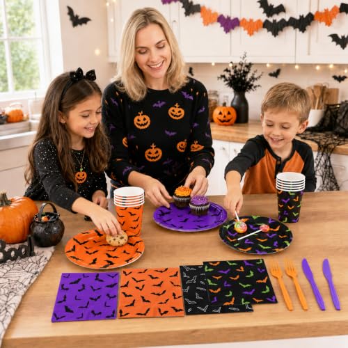 Halloween Bat Tableware Set 144 pcs Disposable Plates Cups Napkins Forks
