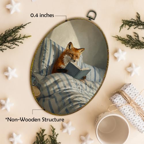 Reading Fox Canvas Wall Art - Oval Framed Decorative Print, 11x8.5 Inch