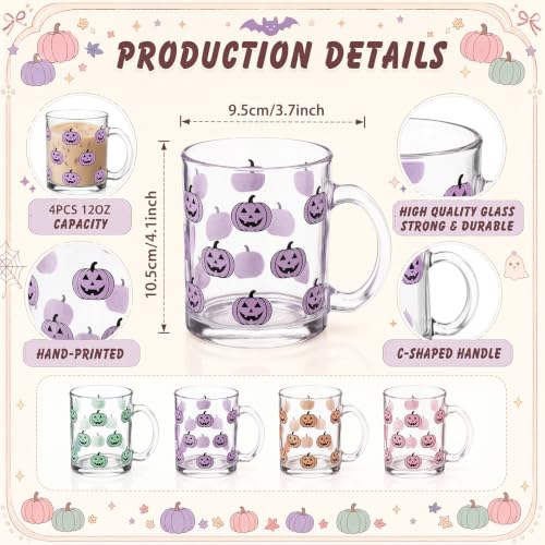 Pastel Halloween Pumpkin Glass Coffee Mugs Set of 4 - 12oz Fall Drinkware