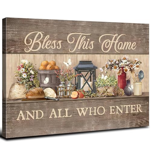 Bless This Home Farmhouse Wall Art Sign - Rustic Kitchen Decor 16x24 Inches