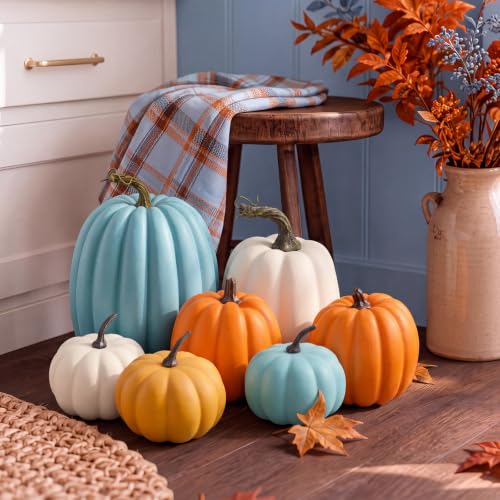 7 Pcs Faux Teal Blue Pumpkin Decor - Artificial Fall Pumpkins for Home & Table Centerpieces