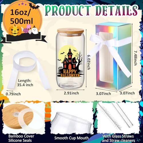 Ghost Halloween Glass Cups Set - 12 Styles, 16 oz with Bamboo Lids & Straws