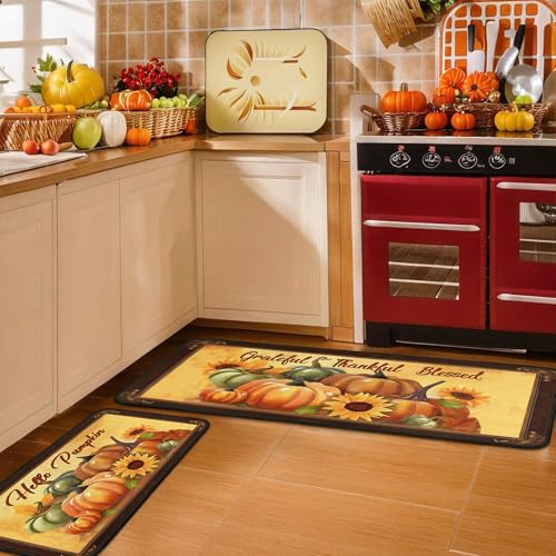 Fall Pumpkin Sunflower Kitchen Rugs Set of 2 Brown 17x47 & 17x30 Inches - Thanksgiving Decor