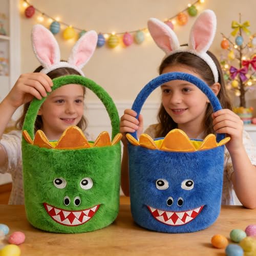 Green & Blue Dinosaur Plush Halloween Trick or Treat Basket - 8 Inch Dia, 15.7 Inch Tall, Kids Gift & Party Decor