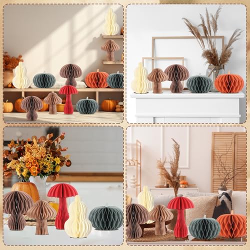 Fall Honeycomb Pumpkin & Mushroom Centerpieces Decor Set - 6 Pieces for Thanksgiving