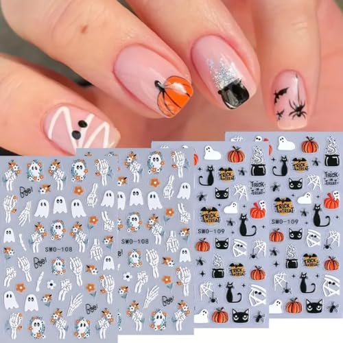 Halloween Nail Art Stickers Decals 3D Ghost Black Cat Pumpkin Spider Web - Style1