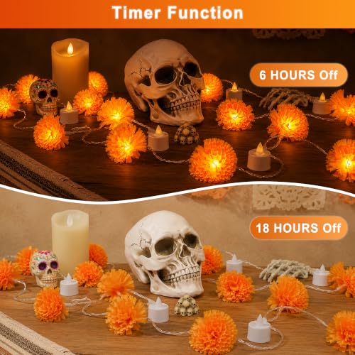 20Ft Orange Marigold Garland String Lights for Day of the Dead Decorations - 30 LEDs