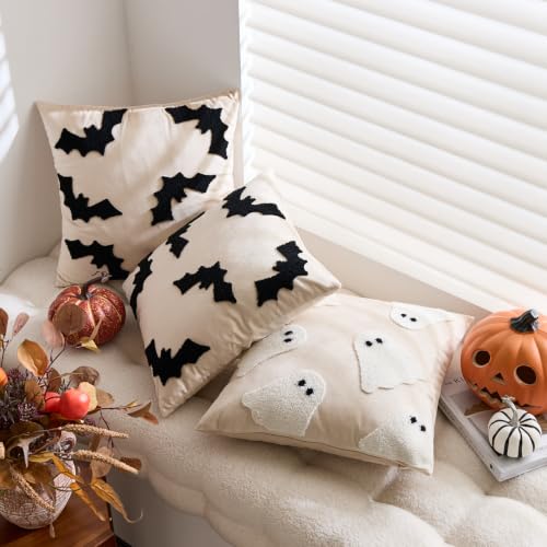 Halloween Pillow Covers 16x16 Inch Set of 2 Embroidered Ghost Decor Beige