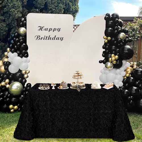 Black 3D Floral Rosette Satin Tablecloth 90x156 Inches for Wedding & Party