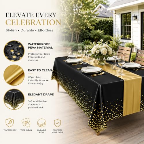 Black & Gold Tablecloth and Runners Set - 12 Pack Birthday Party Decor, 54x108 Inches