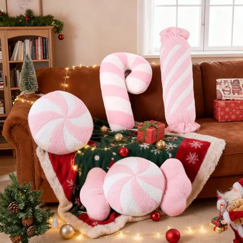 Pink Christmas Candy Pillows Set of 4 - Festive Long Lumbar Throw Cushions for Sofa & Bedroom - Holiday Decor