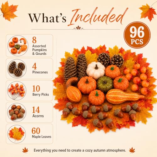 Fall Decor Set with Artificial Pumpkins Gourds and Leaves - Orange & Brown, 96 Pieces