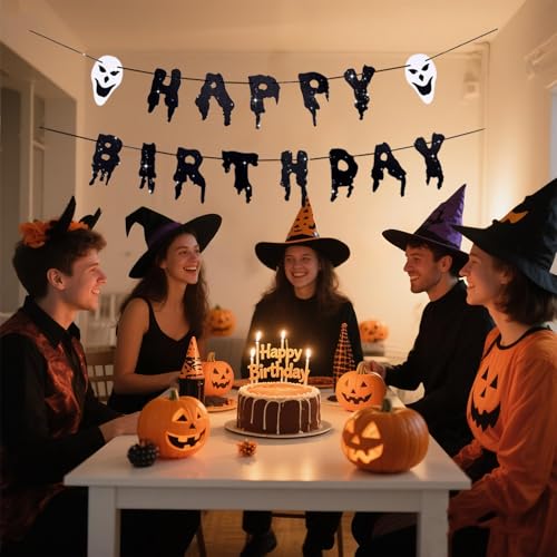 Halloween Birthday Banner with Ghost Masks - Spooky Party Decorations