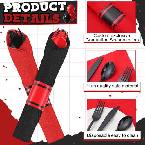 Halloween Pre Rolled Silverware Set - Black and Red Disposable Cutlery - 30 Sets