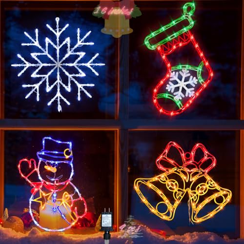 16-Inch Christmas Window Silhouette Lights Decorations with Snowman & Stocking & Bell & Snowflake - Outdoor Indoor Holiday Lights