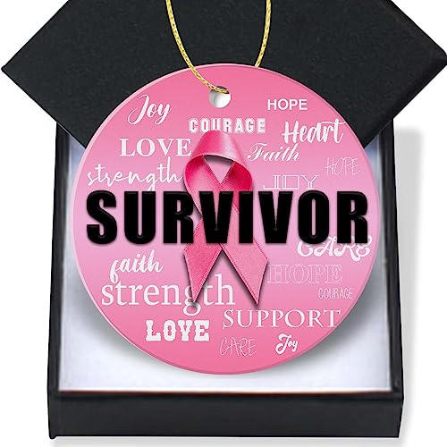 Pink Ribbon Christmas Ornament - Breast Cancer Awareness Gift for Women, Mom, Wife, Daughter - 3 Inch Ceramic Hanging Decor