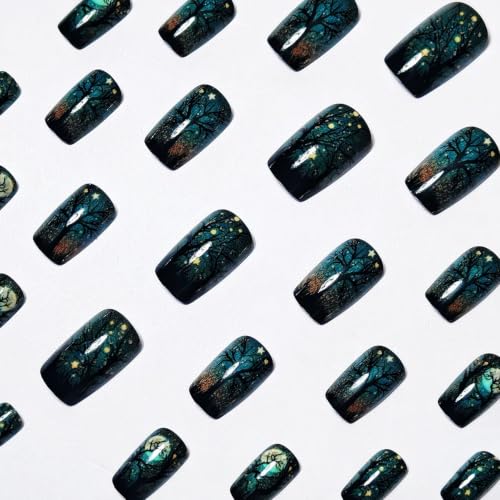 Halloween Press On Nails - Dark Night Forest Design, Short Square Fake Nails - Variation 2851