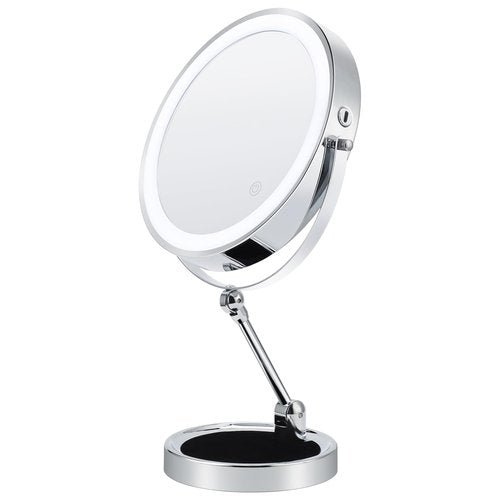 MILONT 9" Lighted Makeup Mirror,1X/10X Magnifying Vanity Mirror with Height & Brightness Adjustable,Rechargable Makeup Mirror,360°Rotation Double Sided Standing Desk Mirror (Polish Chrome)