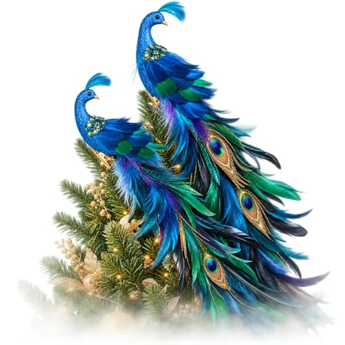 2 Pack Christmas Peacock Feather Ornaments with Glitter Clip-On Decor - Blue