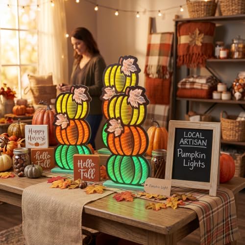 Fall Pumpkin Infinity Mirror Tunnel Lights - 3 Stacked Pumpkins for Autumn Decor, Yellow Orange Green Variation